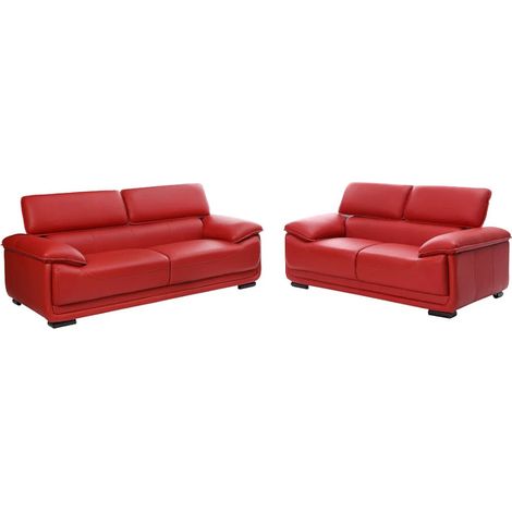 Vente-Unique – Canapé convertible 3 places en cuir de vachette MACELO – Rouge – Têtières ajustables – Charge max 360 kg – Dimensions 204x97x75 cm (1/5)