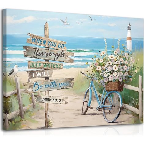 Encadré Poster Art Mural Plage, Affiche d'art Mural Bicyclette Côtière, Décoration Murale Paysage Marin Océanique, Tableau de Bord de Mer Bleu pour Salle de Bain Chambre 30x40 cm (1/5)