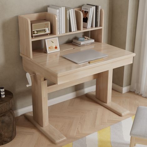 Kinderschreibtisch höhenverstellbar aus Massivholz mit neigbarer Tischplatte 0-43° und Stauraum - Kindertisch 92x60x89cm - Natur