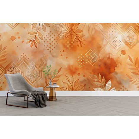 Papier peint boho - explosion abstraite terracotta et or - 500 x 270 cm (1/2)