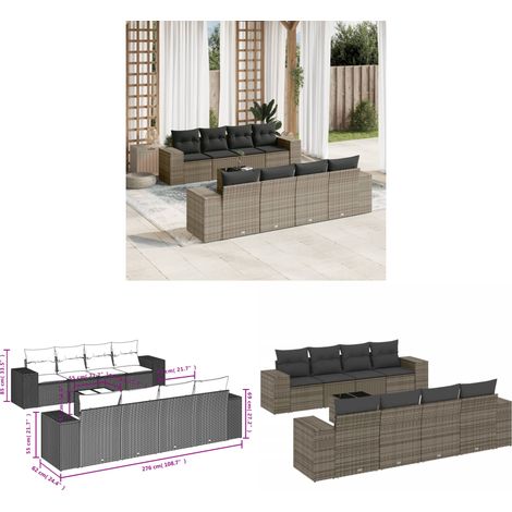 9-tlg. Garten-Sofagarnitur mit Kissen Grau Poly Rattan - Gartenmöbel Set - PE-Rattan Möbel - Outdoor Lounge - Esstisch Set - Balkonmöbel - Home & Living (1/3)