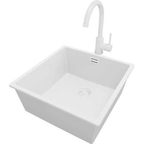 PRIMAGRAN Evier Sous Plan 46x47cm, Evier en Granit 1 bac + Robinet 32x20cm + Kit de Vidage, Évier au meuble 50cm - London, Tout Blanc (1/5)
