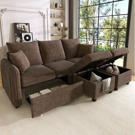 Ecksofa mit 2 Hockern 52x52 cm antikbraun Chenille mit Stauraum und Schlaffunktion (1/5)