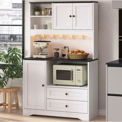 Buffet de cuisine haut 100x40x163 cm avec LED, prises et USB, niche micro-ondes, blanc (1/5)