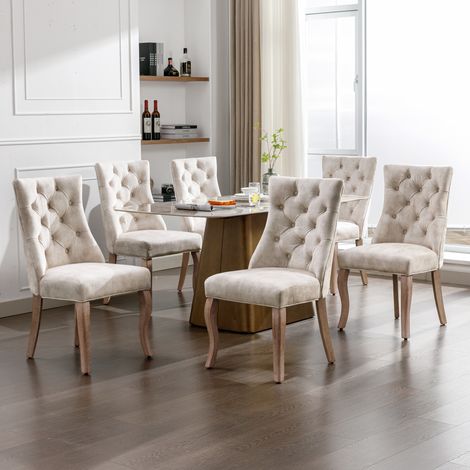 DESMIU Chaise de salle à manger en velours dossier haut capitonné, structure en bois massif, beige clair (1/5)