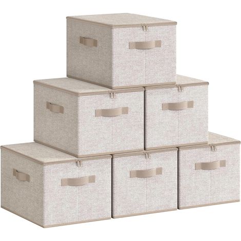 Boîte de Rangement, Pliable, avec Couvercle, Poignées, Coffre, Panier, pour Vêtements, Chaussres, en Tissu Non-tissé, Lot de 6, 40 x 30 x 25 cm, Beige Sable (1/5)
