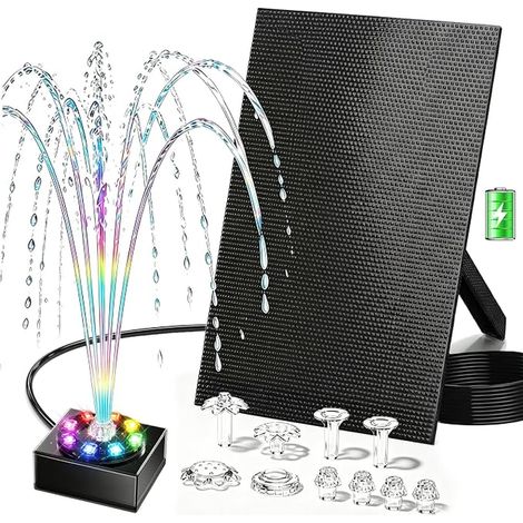 Pompe de bassin solaire 8W avec batterie 1800mAh – Fontaine solaire pour l’extérieur, pour bain d’oiseau, petit bassin et jeu d’eau – 10 styles de jet et 8 LED colorées (1/5)