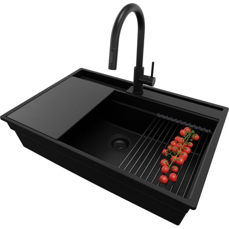 PRIMAGRAN Evier Cuisine en Granit 78x53cm, Lavabo 1 bac + Kit de Vidage + Accessoire, Évier à Encastrer au meuble 80cm - Oslo Pocket, Tout Noir (1/5)