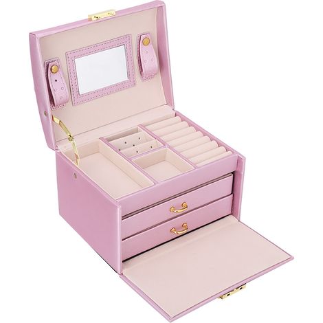 Caja de almacenamiento de 3 niveles de cuero sintético con espejo rojo para joyas, accesorios y artículos del hogar. (1/5)