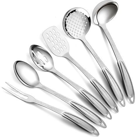 6-teiliges Küchenutensilien-Set aus Edelstahl, bestehend aus unverzichtbaren Küchenhelfern wie Metallspatel, Schaumlöffel, Schöpfkelle, Servierlöffel, Schaumlöffel und Tranchiergabel. (1/5)