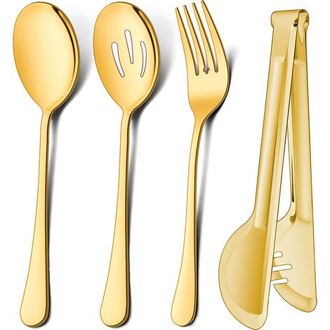 MINKUROW Servierutensilien Edelstahl groß 24 cm Servierlöffel 22,9 cm Metallzange 8,7 Zoll Serviergabeln 8,7 Zoll geschlitzter Löffel Servierlöffel für Party Buffet Bankett Küche (4, Gold) (1/5)