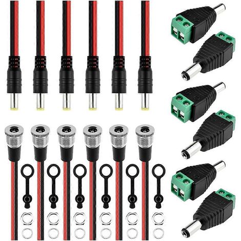 6 jeux prises CC métal 5,5 × 2,1 mm avec capuchon étanche et câble mâle pour CCTV, audio/vidéo et DIY (1/5)