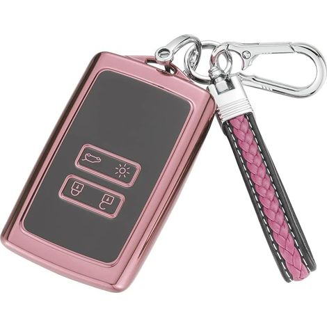 Coque de clé de voiture Renault 4 boutons, étui pour carte à puce sans contact, compatible avec Clio/Megane/Kadjar/Captur/Dacia Duster, avec anneau porte-clés - TPU rose (1/4)