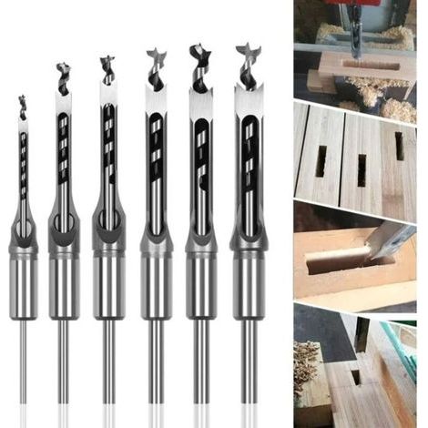 Lot de 6 Forets à bois trou carré Bédanes Creux en Acier Outils Set pour travail du bois Foret a trou carre Foret Trou de Perçage Mortaiser Burin 6,4/8/9,5/12,7/14/16mm Mèches Trou Carré (1/4)