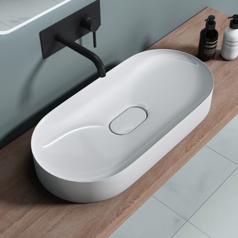 doporro® Lavabo da Appoggio, Lavandino Bagno 70x35.5x10cm, Lavabo da Marmo Fuso Colossum826, Bianco Lucido (1/5)