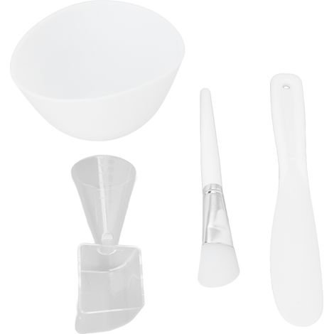 Ensemble de 4 Accessoires pour Masque Visage : Bol, Cuillère Doseuse, Spatule et Pinceau en Silicone Lavable, Applicateur Blanc (1/5)