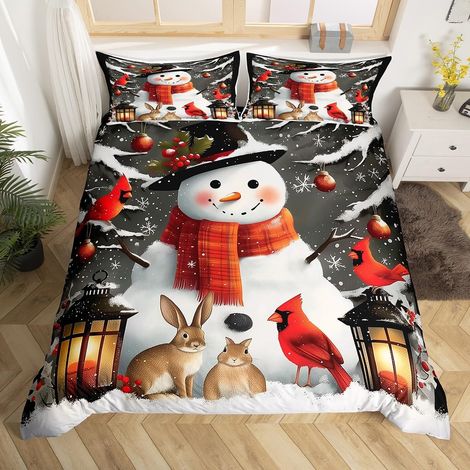 Bonhomme de Neige Literie Set 220x240, Joyeux Noël Housse de Couette Garçon Fille Enfant Mignon Lapin Oiseau Parure de Lit Bonne Année Couvre Lit Décorations de Noël Thème d'hiver Literie - 220x240cm  (1/5)