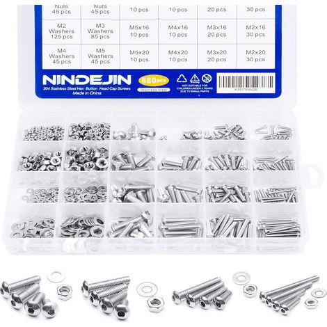 880PCS Assortiment Vis Inox M2 M3 M4 M5 Métrique à Tête Ronde et Plate Boulon à Douille Hexagonale, Écrous Ronds, Rondelles Métal, Clé à Vis (1/5)