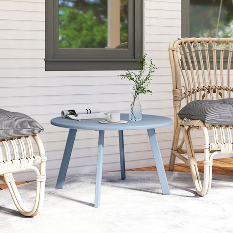 Kleiner runder Couchtisch/Beistelltisch mit rutschfesten Füßen, Metallgestell, für den Garten, Ø 70 x 42 cm, blau