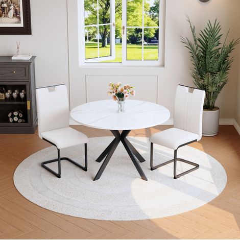 Ensemble salle à manger rond aspect marbre blanc avec 2 chaises en PU et métal (1/5)