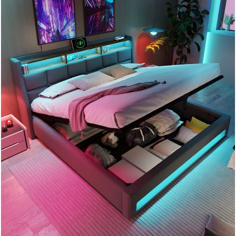 Lit rembourré moderne 140x200 cm en lin gris avec LED, USB et coffre relevable (1/5)