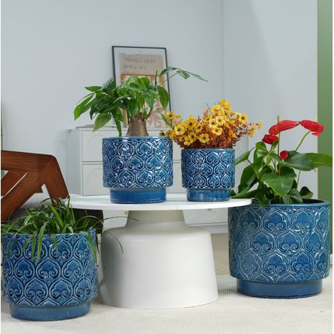 Pot de fleur en céramique bleu Ø19 cm avec drainage OKMYHOME (1/5)