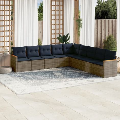 9-teiliges Gartensofa-Set mit Kissen, grau, Polyrattan (1/5)