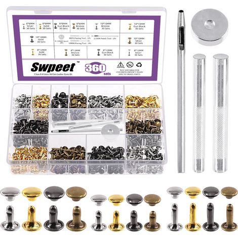 360 Sets 4 couleurs 8mm 10mm 12mm Rivets en cuir Rivets à Double capuchon et marteau en caoutchouc avec Kit d’assortiment d’outils de fixation 4Pcs, Rivets en cuir pour le bricolage en cuir (1/5)