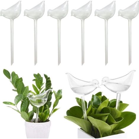 Lot de 6 ampoules d'arrosage automatique en verre pour plantes en pot d'intérieur et d'extérieur, en forme d'oiseau en verre transparent-Crezuo (1/5)