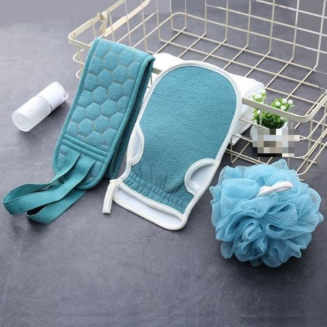 Two sets, including a back shower set, shower belt, shower gloves, back massager, suitable for men and women, scrubbing towel, bath sponge, thickened combination set, back scrubbing towel, cyan. (1/5)
