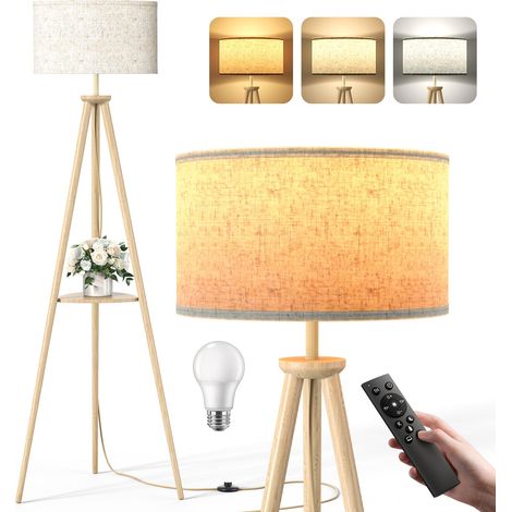 Lampadaire Trépied LED sur Pied Salon avec Étagères de Rangement - 12W Lampe sur Pied Bois avec Télécommande & Ampoule, Lampe Liseuse Réglables pour Salon, Chambre, Brun Clair - Étagère Triangulaire (1/5)