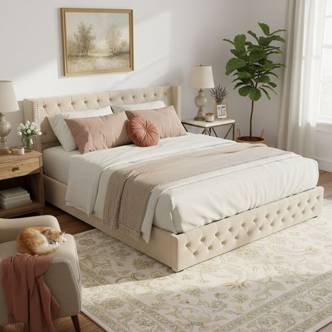 Lit double hydraulique 160x200cm beige velours,forme oreille double rivets,couture boutonnée,fond tissu anti-saleté (1/5)