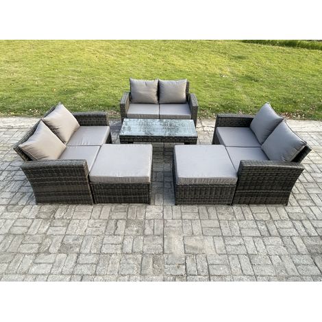 Fimous 8 Places Dossier haut Ensemble de meubles de jardin en rotins ave Table basse rectangulaire 2 Grand Tabouret Gris foncé (1/5)