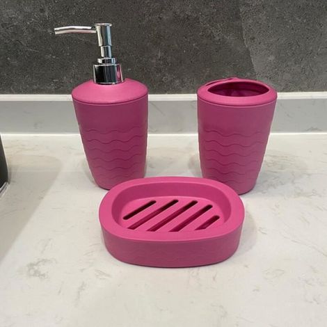 Accessoires Salle De Bain - Ensemble 3 Pièces Distributeur Savon Porte Brosse À Dents Boîte À Savon - Paille De Blé - Rose Rouge (1/4)