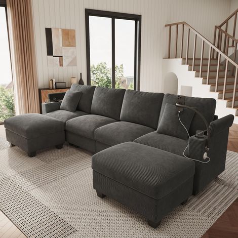 Ensemble de canapés de salon en forme de U avec fonction couchage, canapé modulable en velours côtelé, canapé d'angle avec support pour téléphone et port de chargement USB, convient au salon, (1/5)