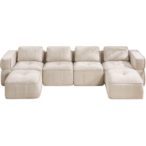 Canapé modulaire en U 4 places beige en tissu, sans montage, avec 2 poufs et assise 32D haute densité, stable, confortable et parfait pour salon moderne CHICFURN (1/5)