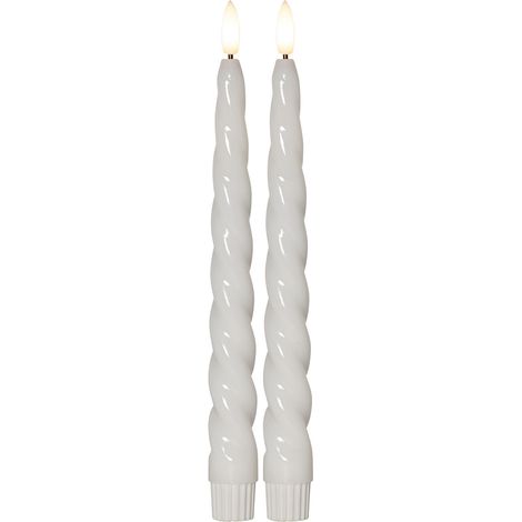 Bougie LED en cire « Flame Shine », lot de 2, blanc, bougie conique torsadée, brillante, blanc chaud, à piles, minuterie, 24,5 cm