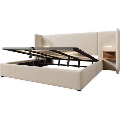 Lit double 180x200 rembourré beige avec chevet, lampe de lecture et ports USB-C (1/5)