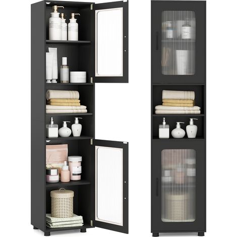 Meuble Salle de Bain 170CM, Colonne de Rangement avec 2 Portes Verre Transparente, Étagères Réglables&2 Compartiments Ouverts, Charge 70KG, Noir (1/5)
