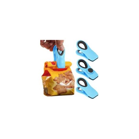 Lot de 4 pinces à sacs magnétiques pour aliments, idéales pour les sachets de chips et autres sacs de conservation avec fermeture hermétique (bleu).
