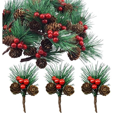Lot de 20 petites branches de sapin artificielles avec baies et pommes de pin, idéal pour la décoration de Noël, décoration de l'Avent, décoration de table (1/5)