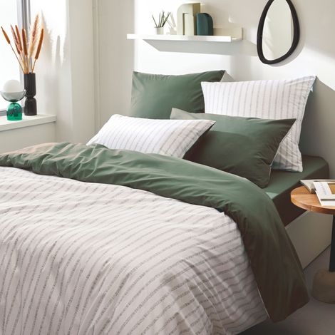 Parure de couette en percale de coton à rayures Vert Olive 240x220 cm (1/3)