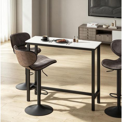 REDOM Bartisch 120x40x100 cm, vielseitiger Hochtisch, mit Fußlehne, aus Stahl und Spanplatte, schwarz, weißer Marmor Look (1/5)