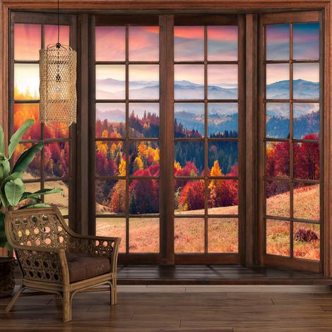 Papier peint panoramique Trompe l'oeil Fenêtre en bois - Forêt automne - 130 cm x 104 cm (1/5)