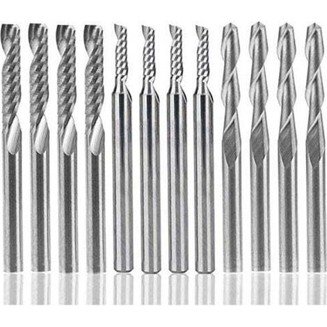 Juego de 12 fresas de carburo de tungsteno, 4 brocas CNC de doble flauta de 1/8" + 8 fresas de una sola flauta (2 tipos) para nailon, resina, ABS, acrílico, PVC, MDF y madera. (1/4)