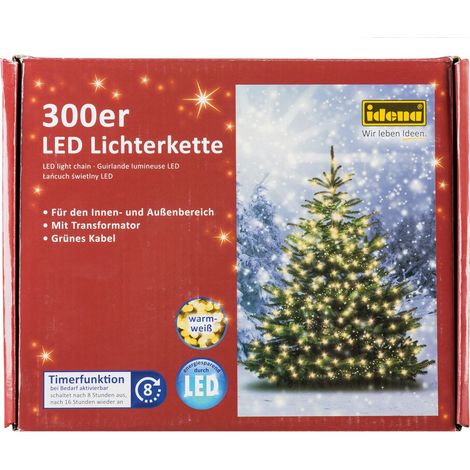 Idena 30441 - Catena luminosa LED con 300 LED in bianco caldo, con funzione timer 8 ore e trasformatore, lunga circa 37,9 m, per uso interno ed esterno, come decorazione per feste, Natale, matrimoni (1/5)