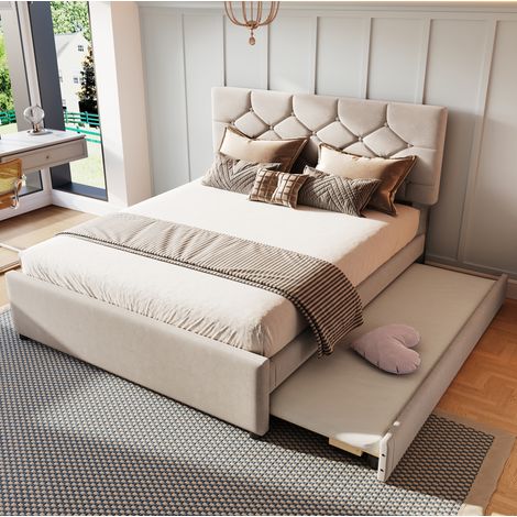 Lit capitonné 140 x 200 cm en velours beige avec lit gigogne et sommier, style minimaliste (1/5)