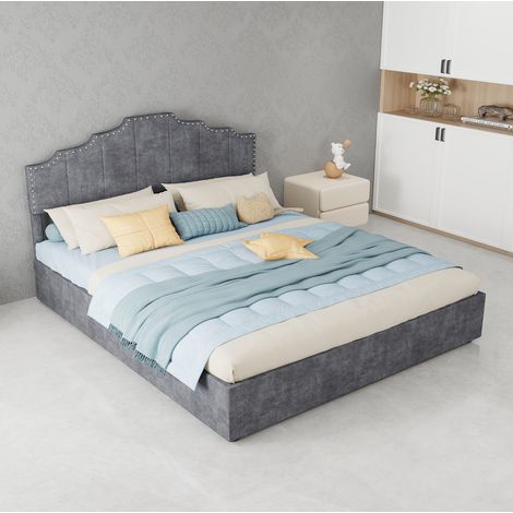 Cama 160/200 cm gris de tela con cabecero geométrico y estructura estable (1/5)