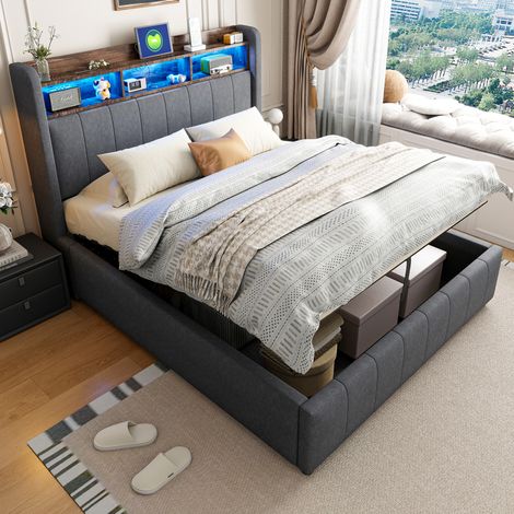 Lit coffre 140x200 LED USB avec rangement tissu gris OKMYHOME (1/5)
