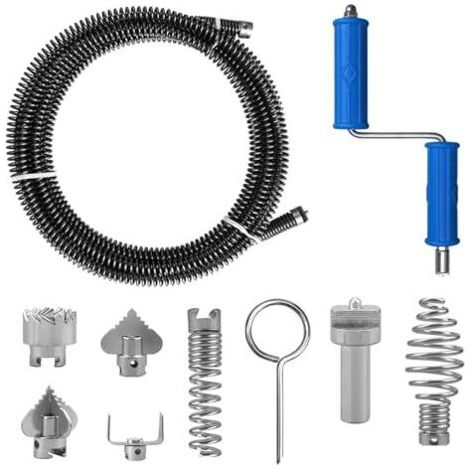 Déboucheur de canalisations en spirale de 5 m avec 6 têtes de coupe, outil de débouchage de 12 mm pour éviers de cuisine, canalisations de salle de bain, toilettes et égouts.